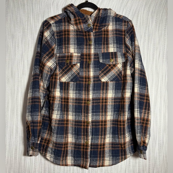 Women's Navy and Brown Plaid Button Down Shirt - Picture 1 of 5